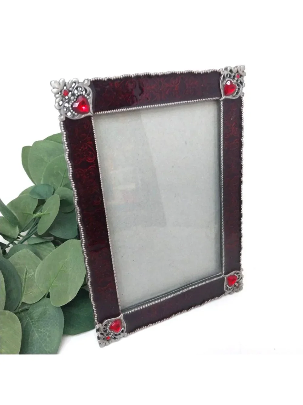 Vintage Enamel Picture Frame Red Silver Ornate Heart Filigree Gem Accents 5x3